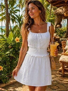 L Altar’d State White Smocked Stretch Mini Dress Ruffle Strap Tropical Chic